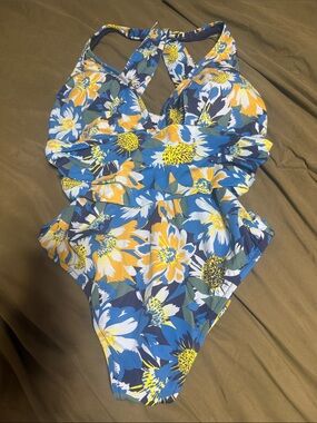 Adore Me Blue, Yellow, White Floral Halter One-Piece Swimsuit